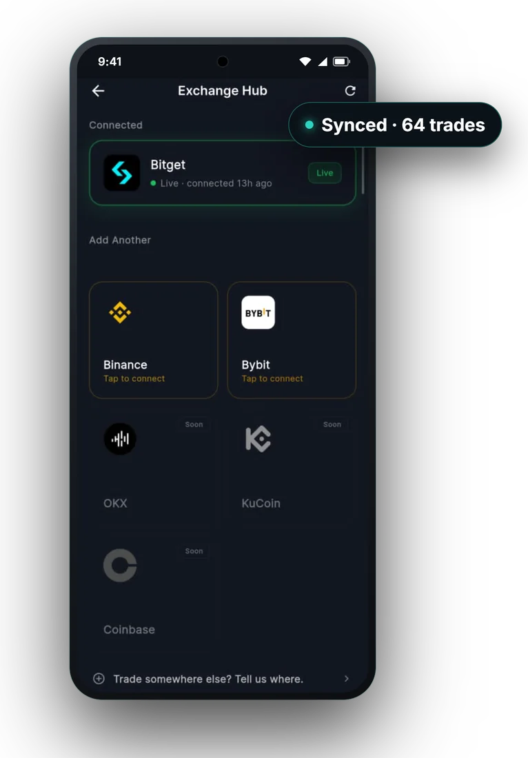 Crest's Exchange Hub with Bitget connected live and 64 trades synced